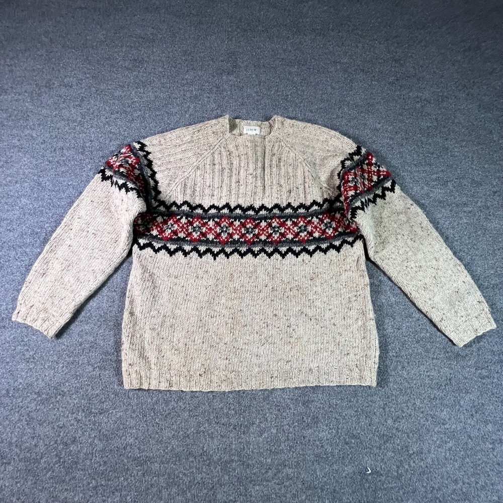 J.Crew Sweater Mens XL Beige Fair Isle Hand Knit Wool Raglan Long Sleeve Preppy